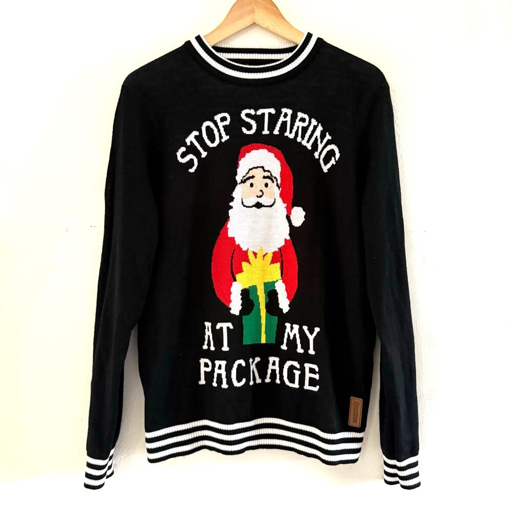 Tipsy Elves Mens Stop Staring At My Package Santa Christmas Sweater Black Medium